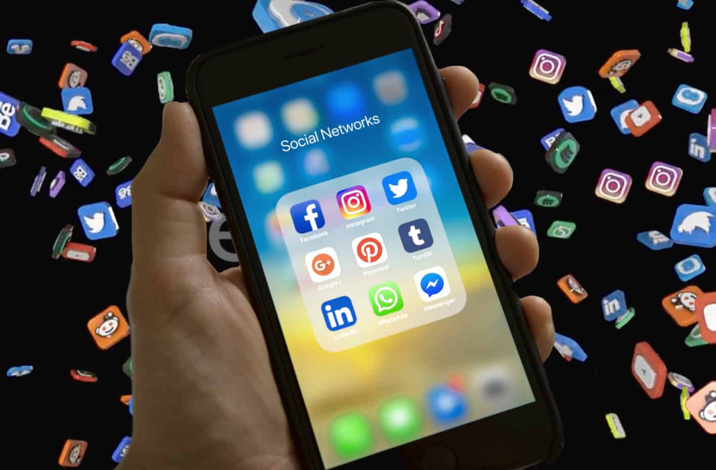 A phone showing social media icons